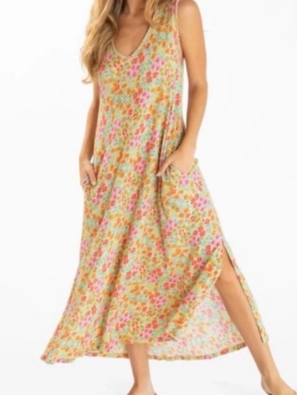 NATURAL LIFE Floral V-Neck Maxi Dress in Pink, Orange & Green